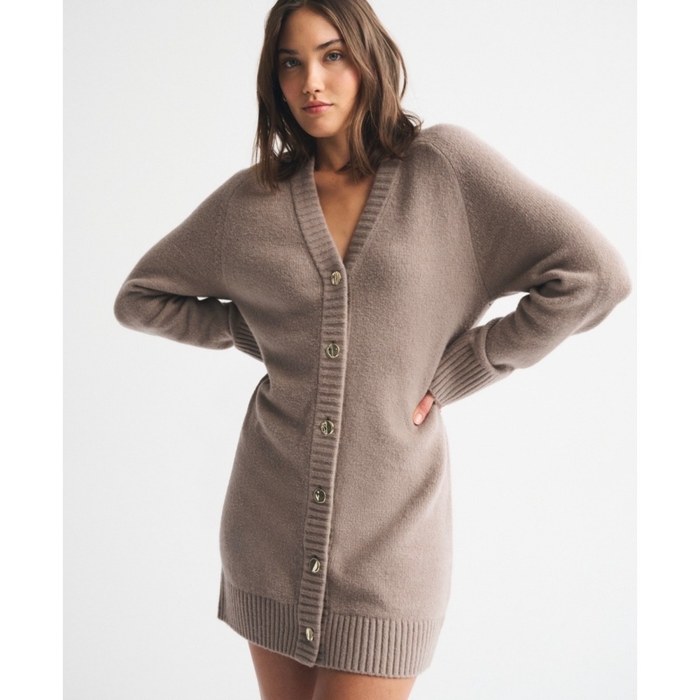 Abercrombie & Fitch Long-Sleeve Cardigan Mini Sweater Dress Womens MT Taupe Gold